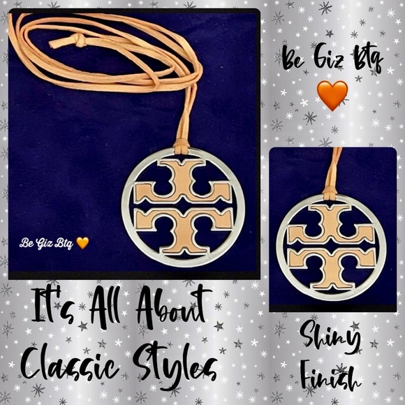 Authentic Tory Burch Silver & Coral Leather Logo With Coral Leather Necklace - Picture 1 of 11